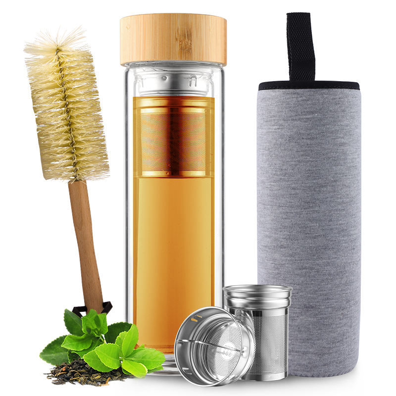 Double wall glass tea infuser bottle for hot and cold drinks