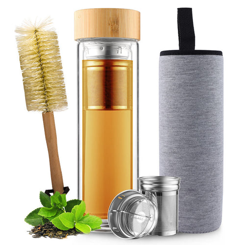 Double wall glass tea infuser bottle for hot and cold drinks